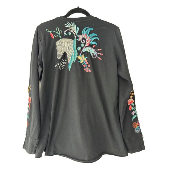 Johnny Was Belina Slit Sleeve Tee Cotton Embroidered Floral Shirt Black Top NEW - Picture 8 of 9